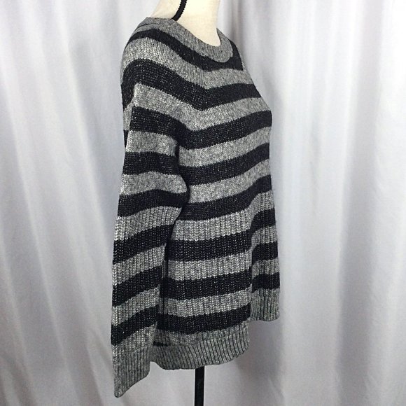 Banana Republic Wool Sweater Women Medium Black Gray Striped Italian Yarn Chunky - Picture 2 of 8